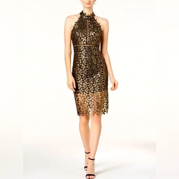 slim fit dress slacks Primavera Couture 4056 Size 8 Gold Cut Glass Cocktail Dress Open Tie Back V-Neck Mirror Homecoming Dress main image 0